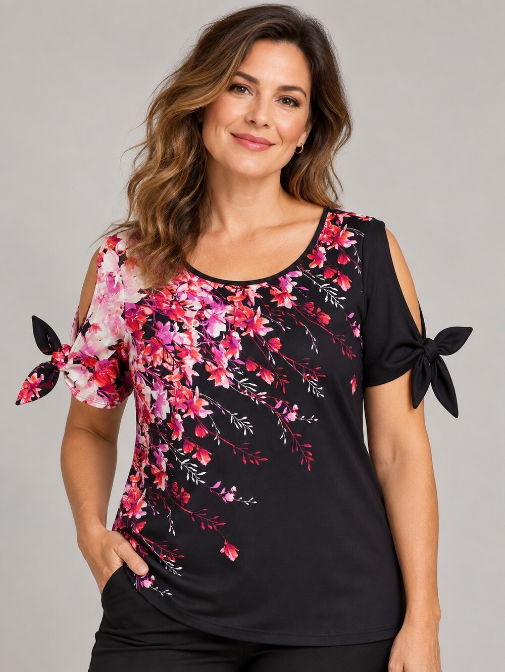 cleo Black Short-Sleeve Cold-Shoulder Top with Pink Floral Print